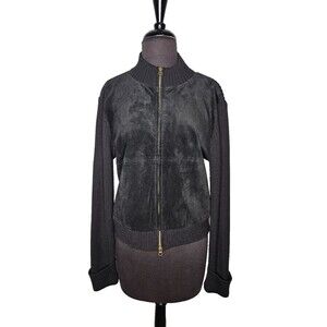 Vintage Pandemonium Hybrid Suede Sweater Jacket Large Black Ribbed Mixed Media